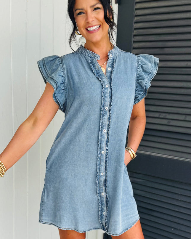 Myosotis Frilled Detail Button Down Ruffle Short Sleeve Denim Mini Dress