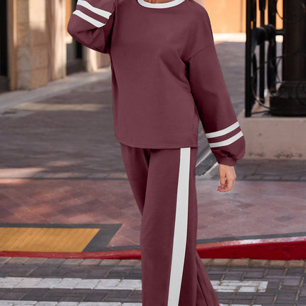 Gray Varsity Stripe Patchwork Puff Sleeve Pullover Drawstring Wide Leg Pant Set