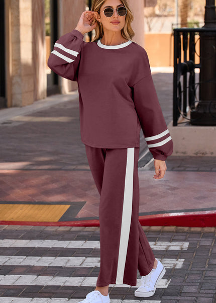Gray Varsity Stripe Patchwork Puff Sleeve Pullover Drawstring Wide Leg Pant Set