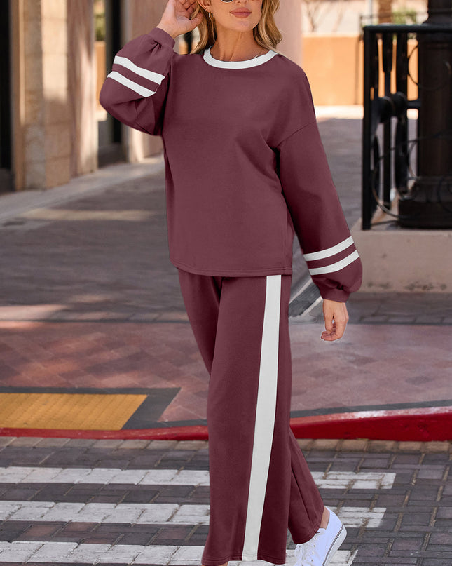 Gray Varsity Stripe Patchwork Puff Sleeve Pullover Drawstring Wide Leg Pant Set