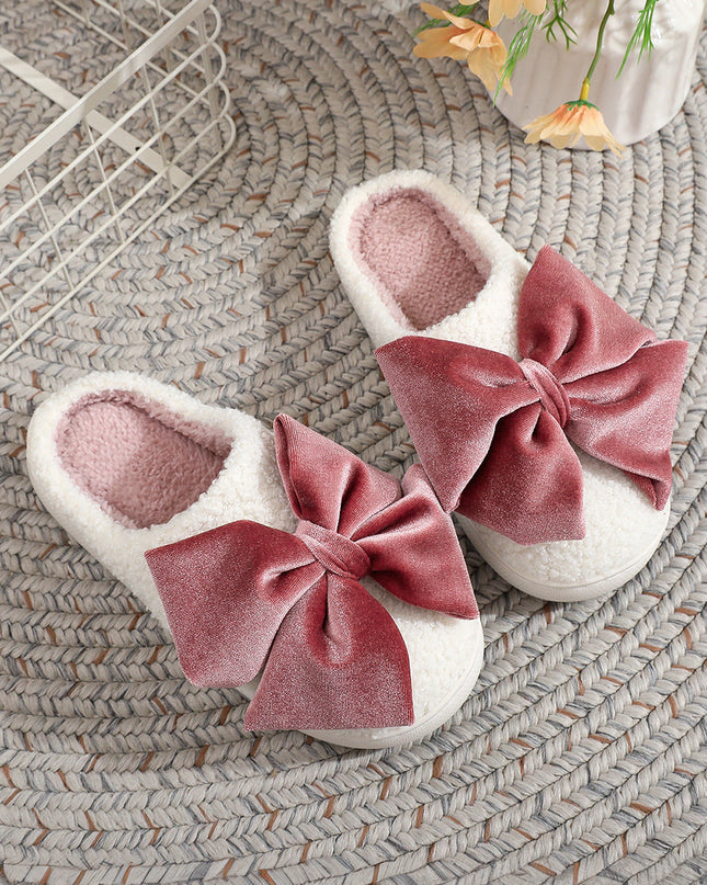 White Glister Ribbon Bow Decor Contrast Liner Plush Slippers