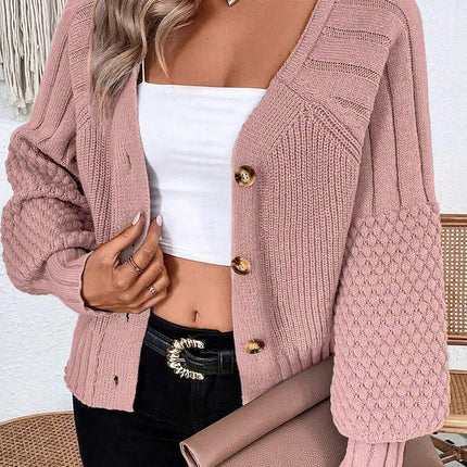 Goat Mixed Texture Knit Button V Neck Sweater Cardigan