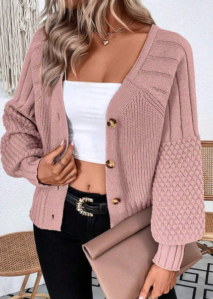 Goat Mixed Texture Knit Button V Neck Sweater Cardigan