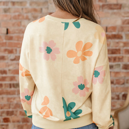 Khaki Washed French Terry Flower Print Sweatshirt