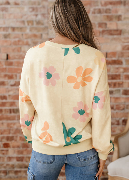 Khaki Washed French Terry Flower Print Sweatshirt