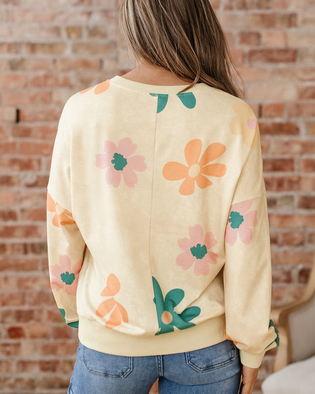 Khaki Washed French Terry Flower Print Sweatshirt