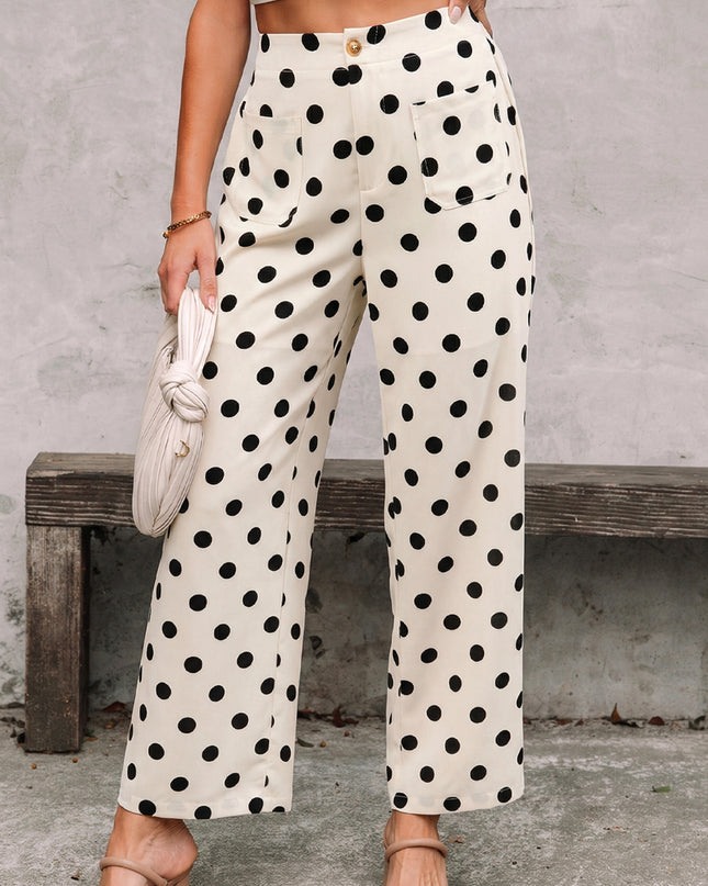 White Polka Dot Print Patched Pocket Loose Pants