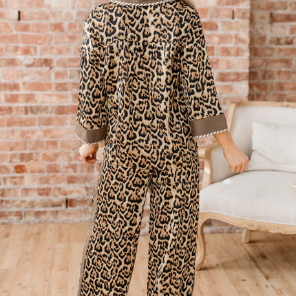 Brown Leopard Collared 3/4 Sleeve Shirt and Loose Pants Two Piece Outfit Set