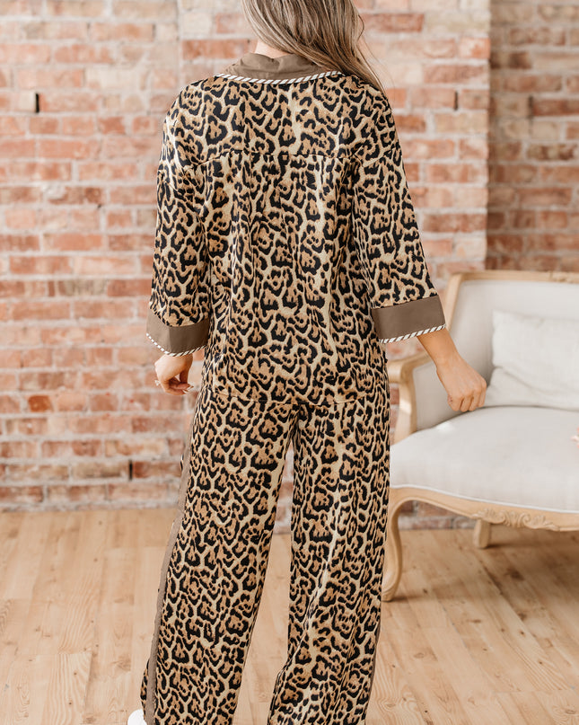 Brown Leopard Collared 3/4 Sleeve Shirt and Loose Pants Two Piece Outfit Set