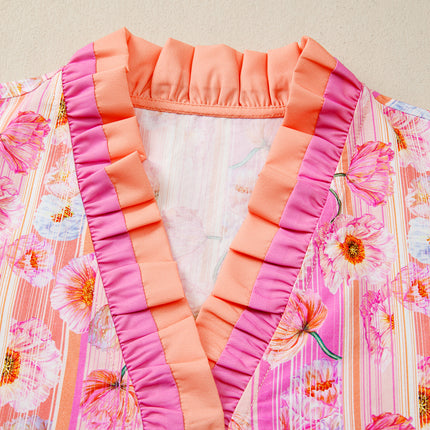 Pink Poppy Flower Striped Print Color Block Trim V Neck Short Sleeve Blouse