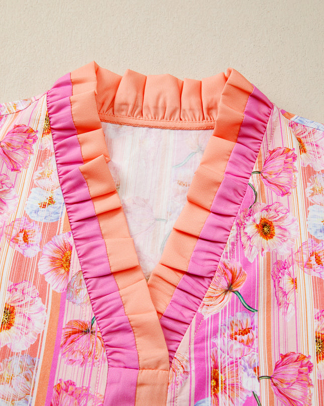 Pink Poppy Flower Striped Print Color Block Trim V Neck Short Sleeve Blouse