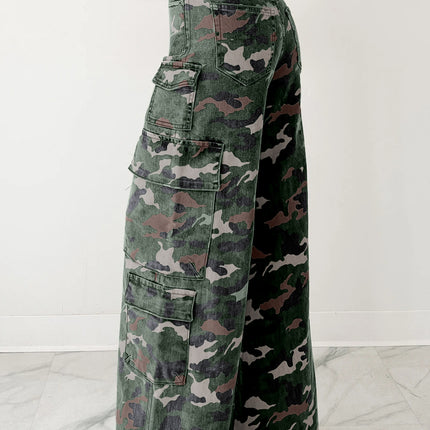Green Camo Denim Cargo Wide Leg Pants