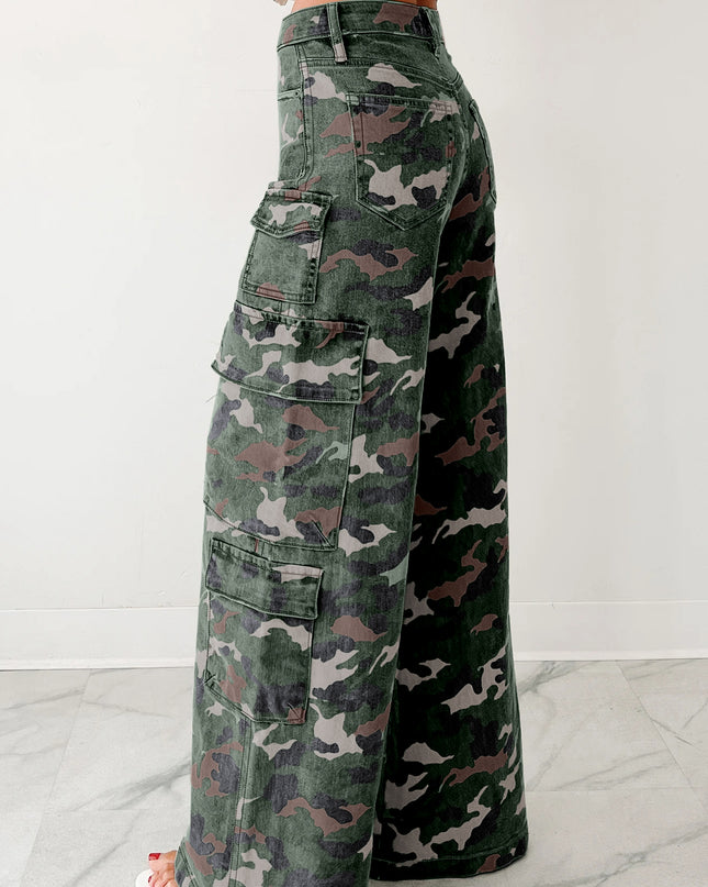 Green Camo Denim Cargo Wide Leg Pants