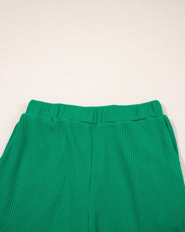 Beau Blue Solid Color Ribbed Ruffle Tank Top and Pants Set