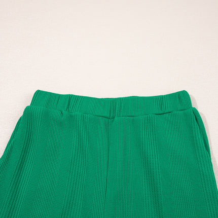 Beau Blue Solid Color Ribbed Ruffle Tank Top and Pants Set