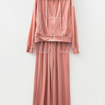 Peach Blossom Velvet Zip-up Hoodie and Wide Leg Pants Set