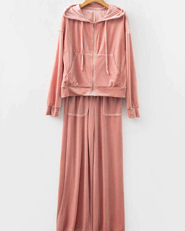 Peach Blossom Velvet Zip-up Hoodie and Wide Leg Pants Set