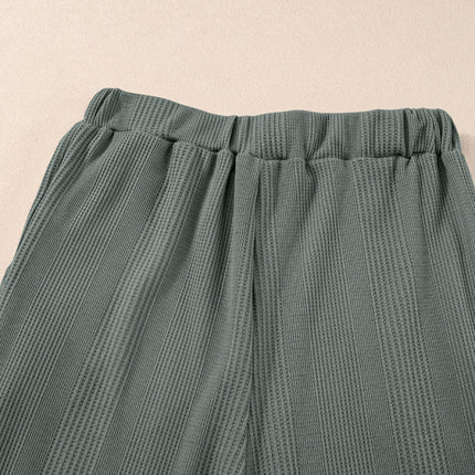 Beau Blue Solid Color Ribbed Ruffle Tank Top and Pants Set