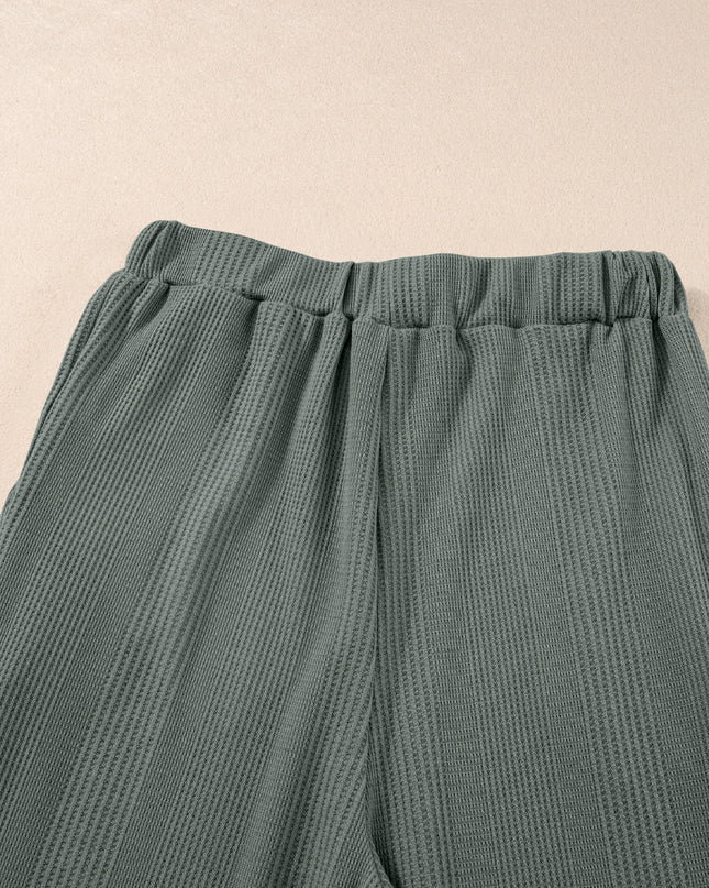 Beau Blue Solid Color Ribbed Ruffle Tank Top and Pants Set