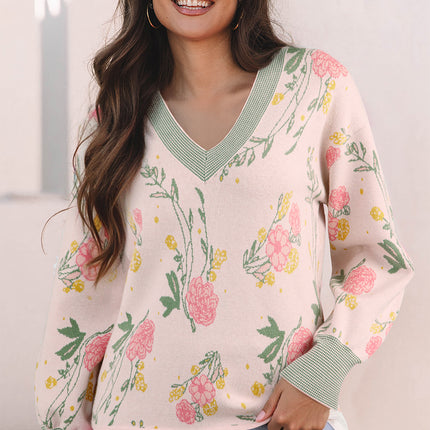 Pink Floral Pattern Striped V Neck Loose Sweater