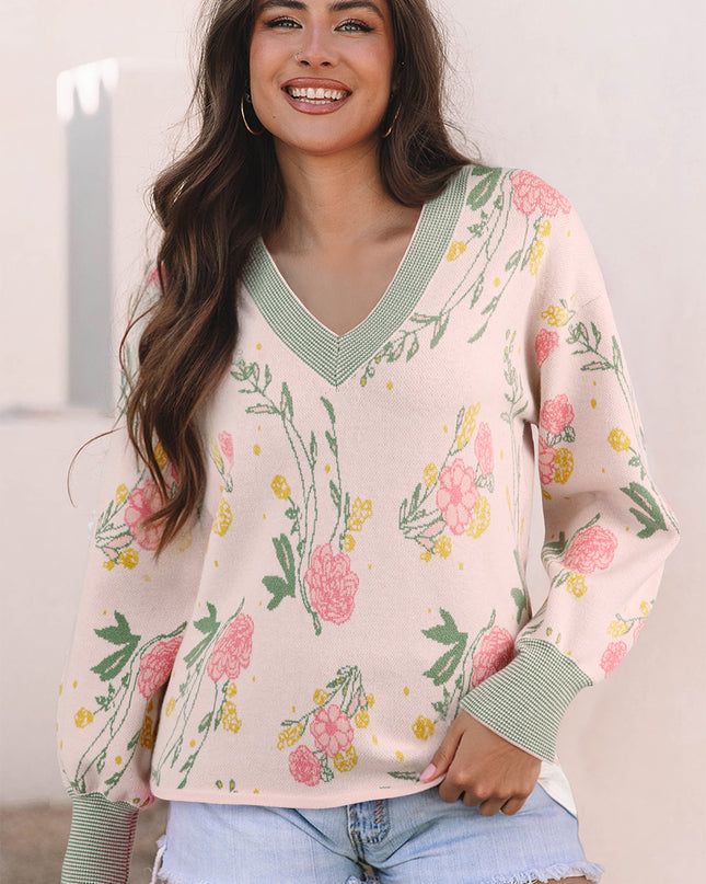 Pink Floral Pattern Striped V Neck Loose Sweater