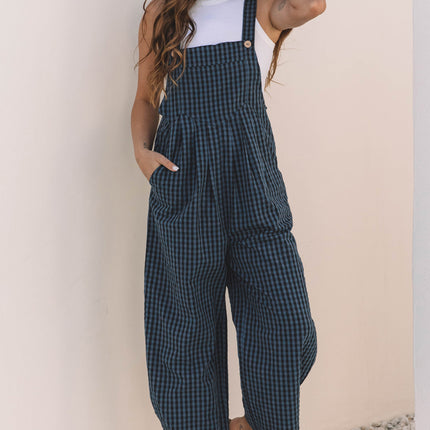 Sail Blue Plaid Print Buttoned Pocketed High Waist Overall