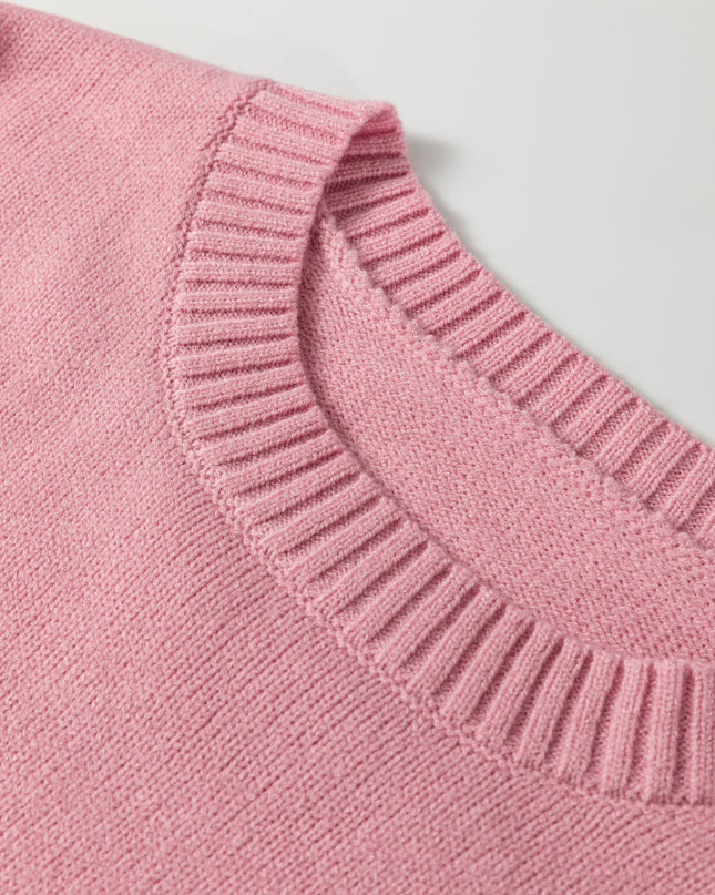 Light Pink Plaid Heart Embroidered Cuffed Drop Shoulder Crew Neck Sweater