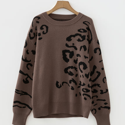 Beige Asymmetric Leopard Print Detail Drop Shoulder Sweater