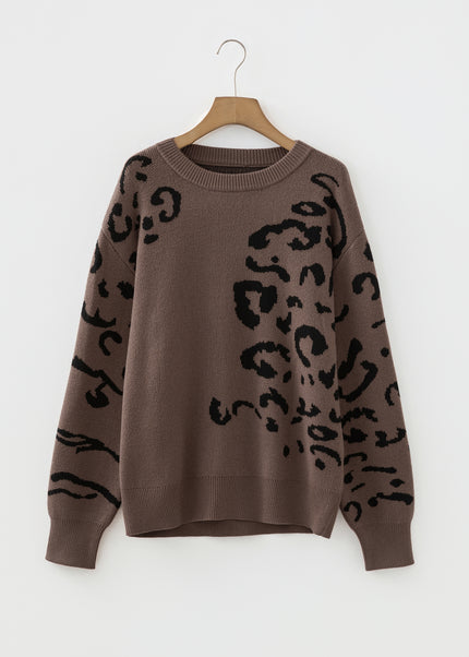 Beige Asymmetric Leopard Print Detail Drop Shoulder Sweater