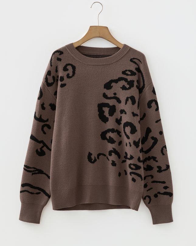 Beige Asymmetric Leopard Print Detail Drop Shoulder Sweater