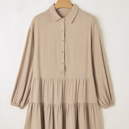 Tan Puff Sleeve Buttoned Tiered Pleated Shirt Mini Dress
