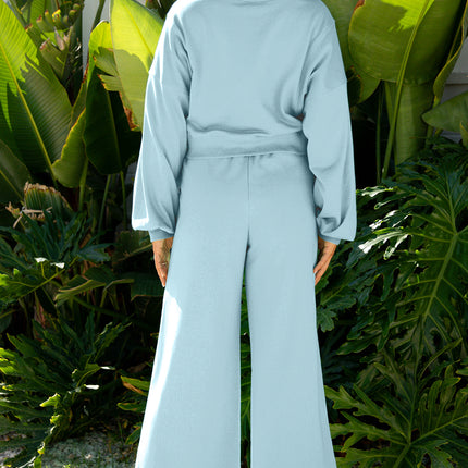 Flamingo Drop Shoulder Puff Sleeve Crop Pullover Drawstring Wide Leg Pants Set