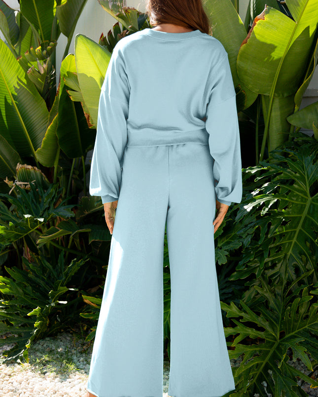 Flamingo Drop Shoulder Puff Sleeve Crop Pullover Drawstring Wide Leg Pants Set