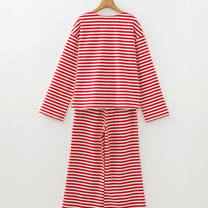 Red Stripe Drop Shoulder Long Sleeve Top Lounge Pants 2pcs Set