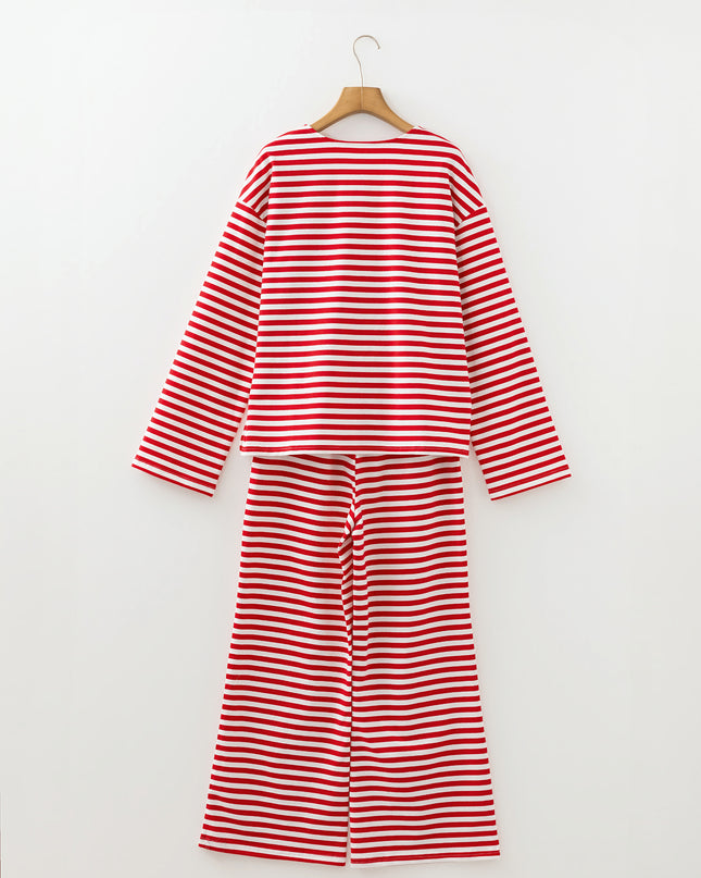 Red Stripe Drop Shoulder Long Sleeve Top Lounge Pants 2pcs Set