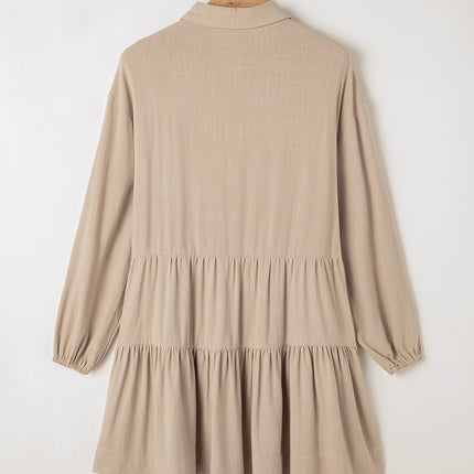 Tan Puff Sleeve Buttoned Tiered Pleated Shirt Mini Dress