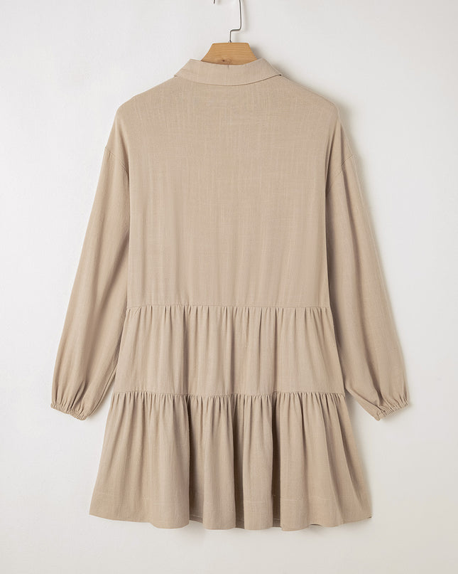 Tan Puff Sleeve Buttoned Tiered Pleated Shirt Mini Dress