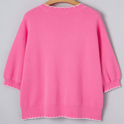 Sachet Pink Big Ribbon Bow Print Contrast Stitch Trim Drop Shoulder Sweater