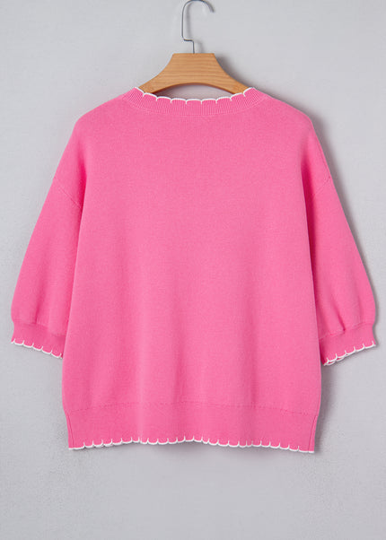 Sachet Pink Big Ribbon Bow Print Contrast Stitch Trim Drop Shoulder Sweater