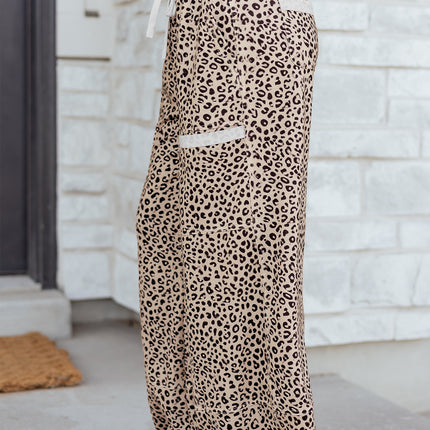 Khaki Animal Print Wide Leg Terry Knit Pants