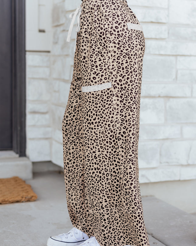 Khaki Animal Print Wide Leg Terry Knit Pants