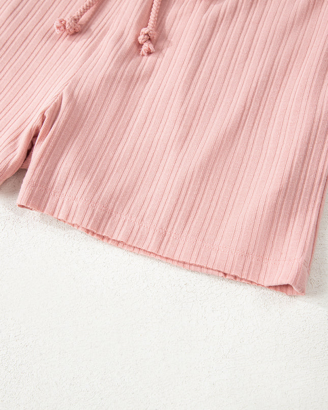 Gossamer Pink Ribbed Button V Neck Tank Top and Shorts Set