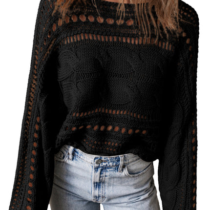 Smoke Gray Hollow-out Cable Knit Cropped Sweater