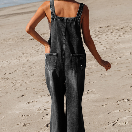 Stone Blue Distressed Bib Pocket Wide Leg Denim Overall