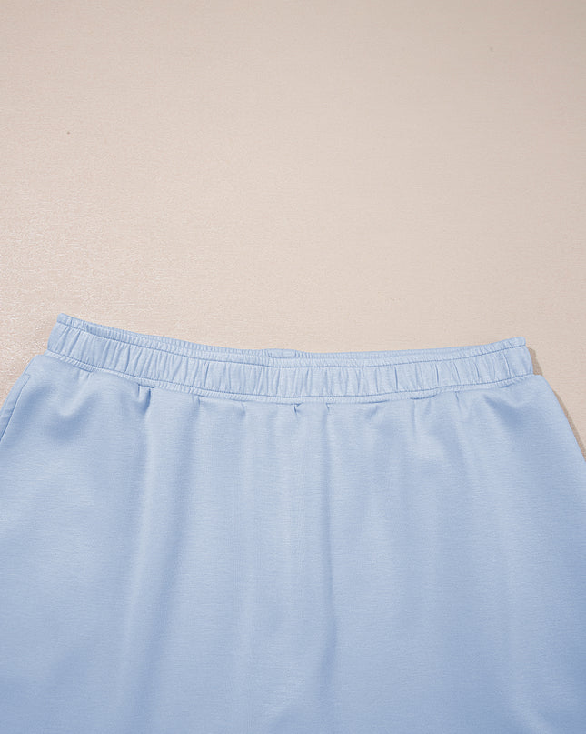 Light Pink Puff Sleeve Pearl Embellished Scallop Trim Top 2 Piece Skort Set