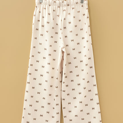 Apricot Bow Print Drawstring Elastic Waist Loose Corduroy Pants