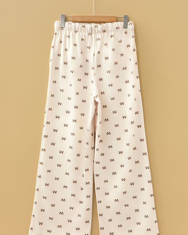Apricot Bow Print Drawstring Elastic Waist Loose Corduroy Pants