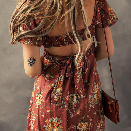 Red Floral Puff Sleeve Square Neck Knot Open Back Mini Dress