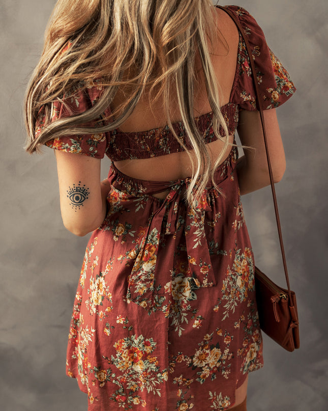 Red Floral Puff Sleeve Square Neck Knot Open Back Mini Dress