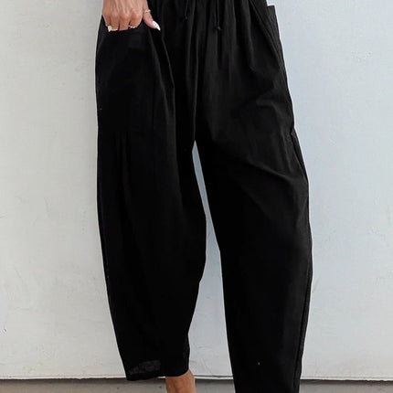 Black Drawstring Elastic Waist Patch Pocket Barrel Leg Casual Pants